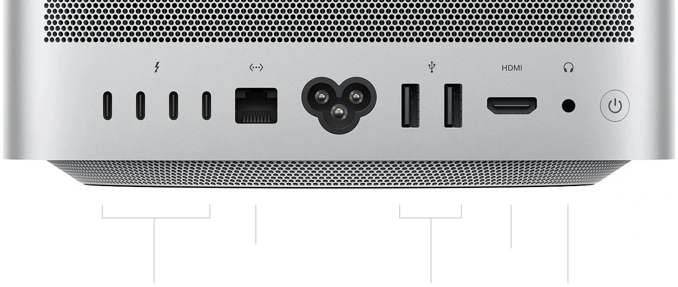 Mac Studio 背面的雷雳、网络、USB-A 和 HDMI 接口
