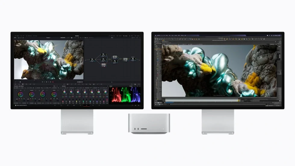 Mac Studio 同时展示 DaVinci Resolve 与三维创作软件的工作场景
