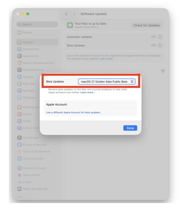 选择 MacOS 27 Golden Gate Public Beta 作为更新