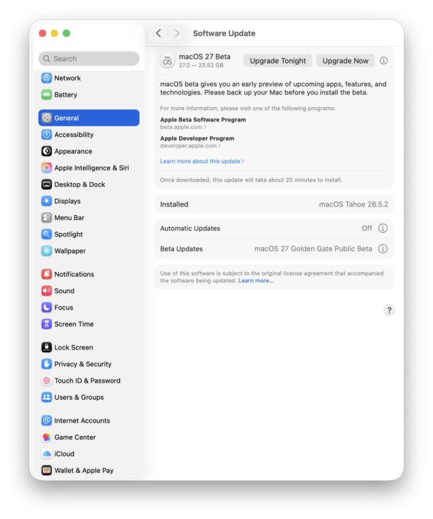 选择安装MacOS 27公共测试版