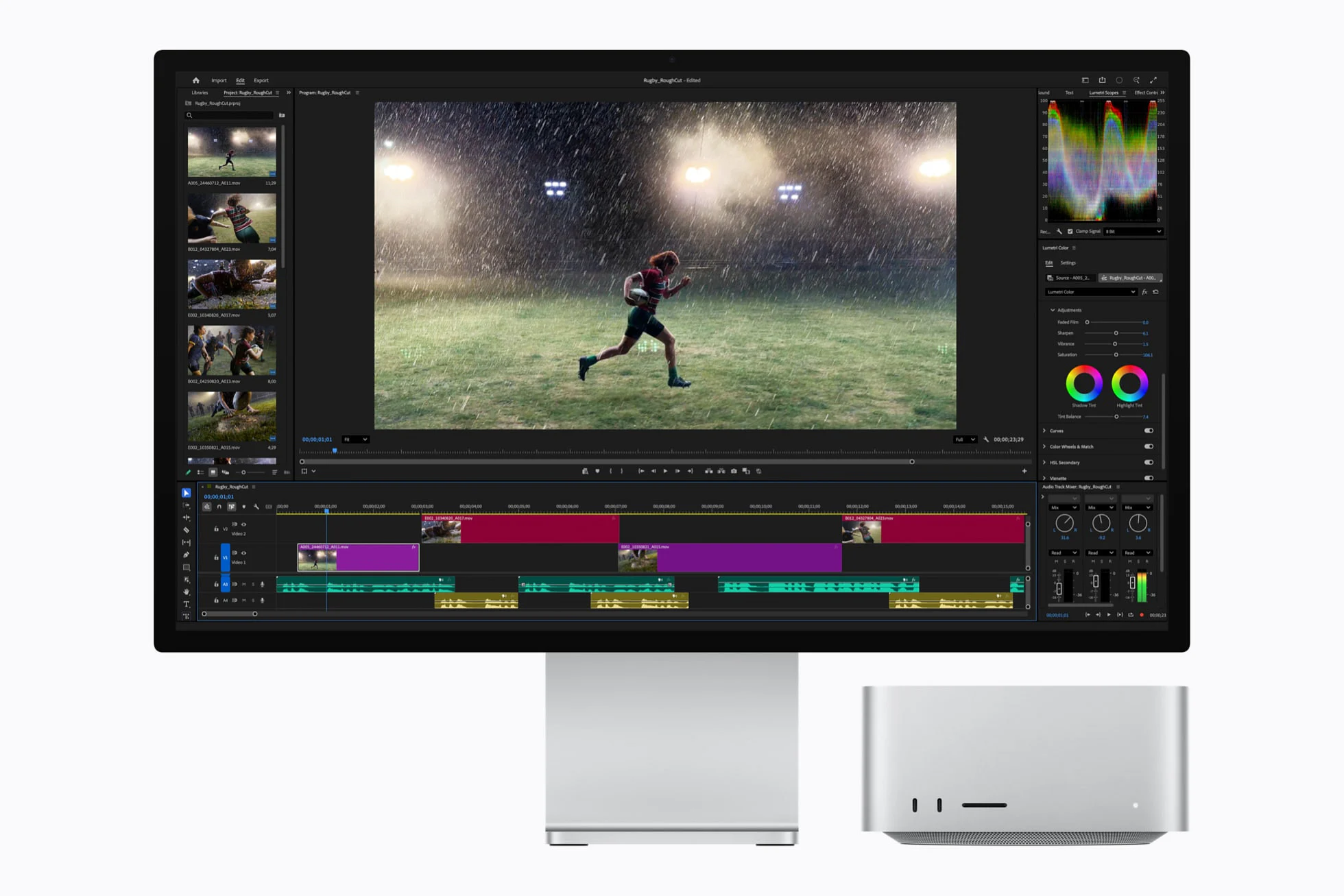 搭载 M5 Ultra 芯片的 Mac Studio 运行 Adobe Premiere Pro。