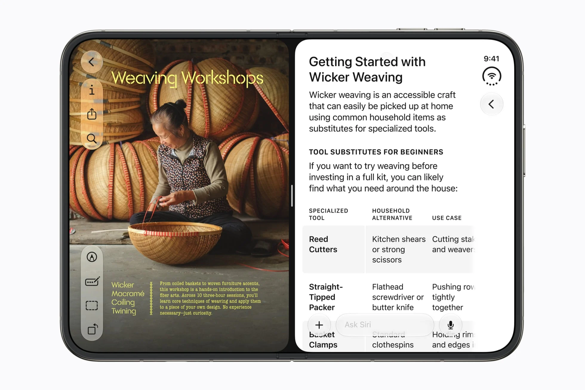 iPhone Duo 分屏浏览示例，图中包含部分地区可用的 Siri 功能