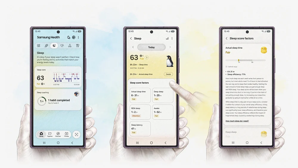 Galaxy Watch 和 Samsung Health 为用户提供了清晰的睡眠质量视图，以及可用于改善睡眠习惯的详细指标和见解。 （出于说明目的模拟图像。实际 UX/UI 可能有所不同。）