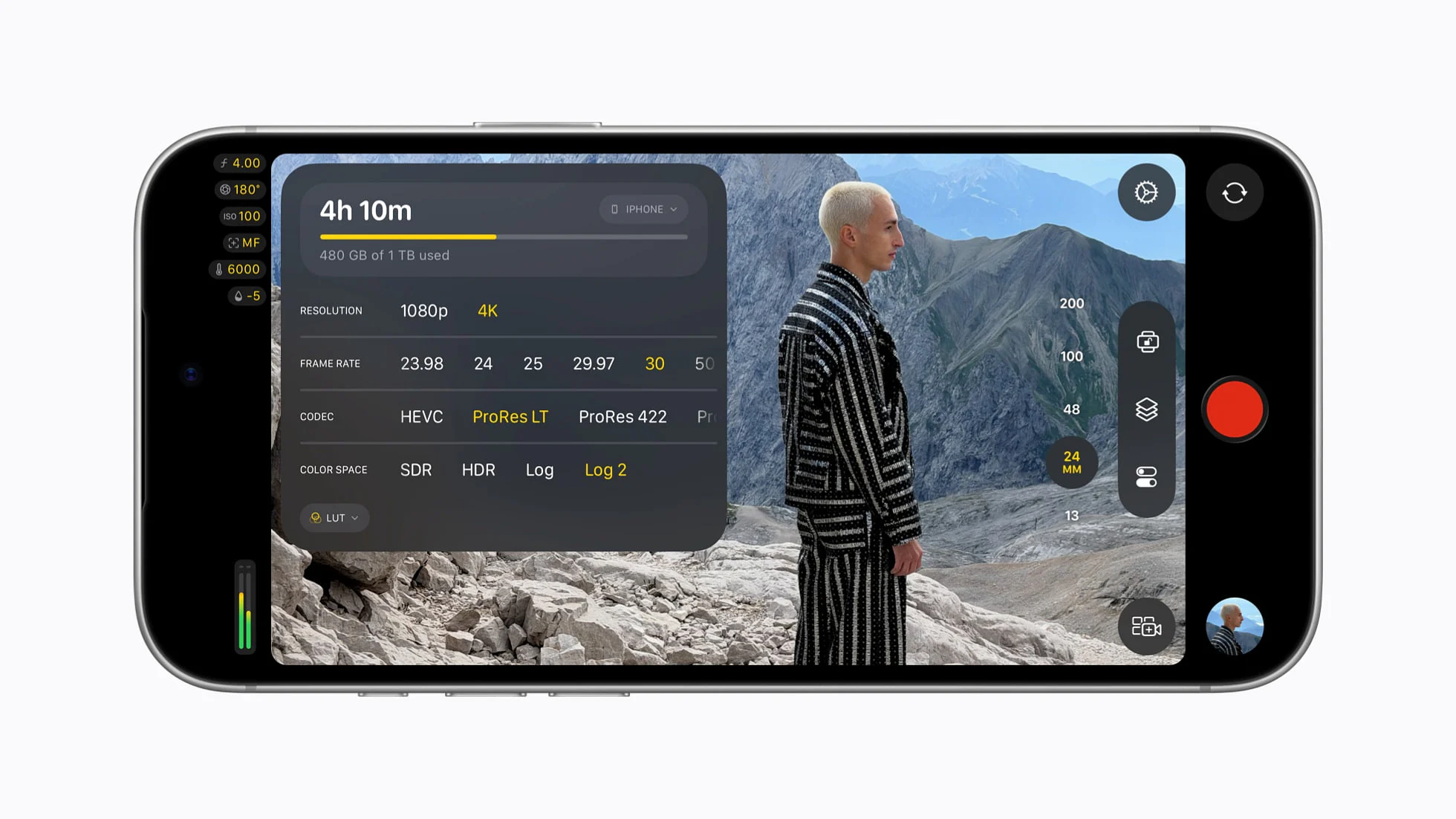 iPhone 18 Pro 显示了 Final Cut Camera 屏幕，拍摄对象站在山景中，还有一个带有格式设置的框。