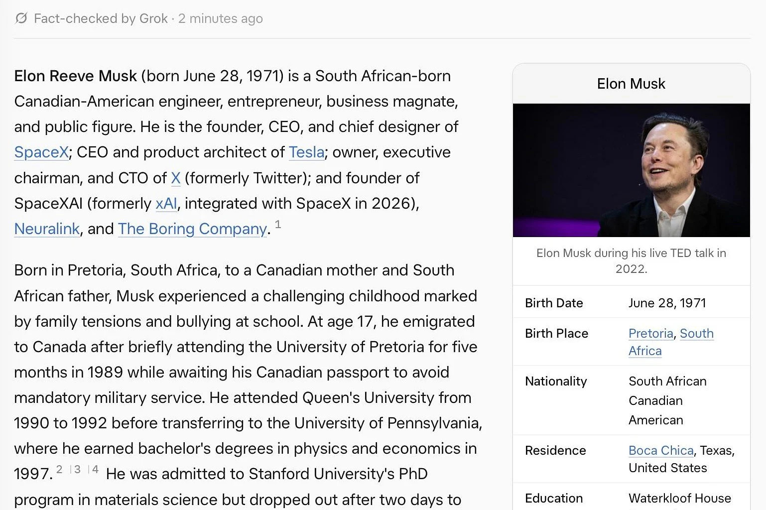 Elon Musk 的 Grokipedia v0.3 文章文本的屏幕截图。