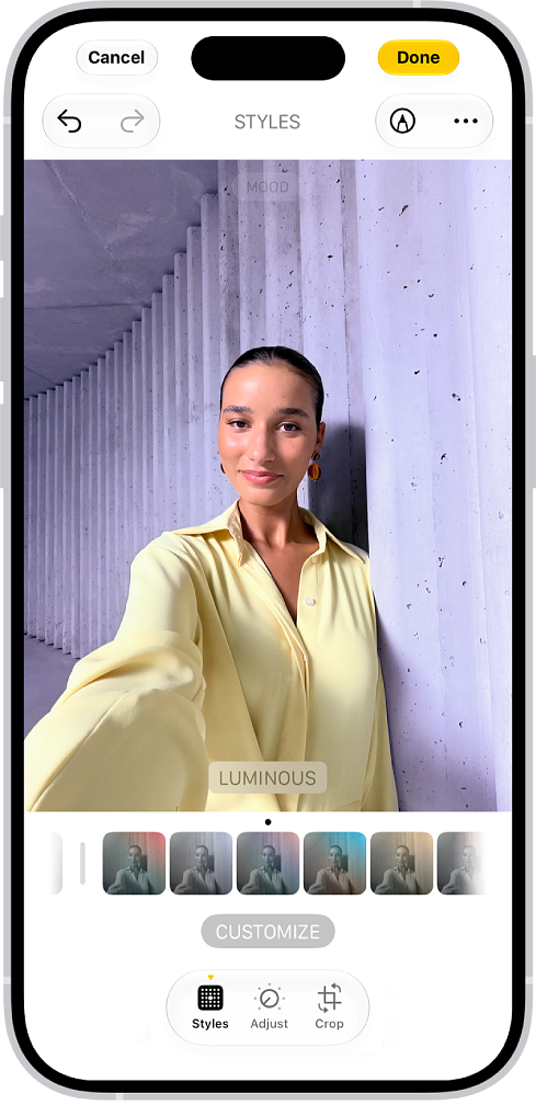 iPhone 上的“照片” App 中正在编辑一张照片。“风格”按钮和“耀目”已选中。