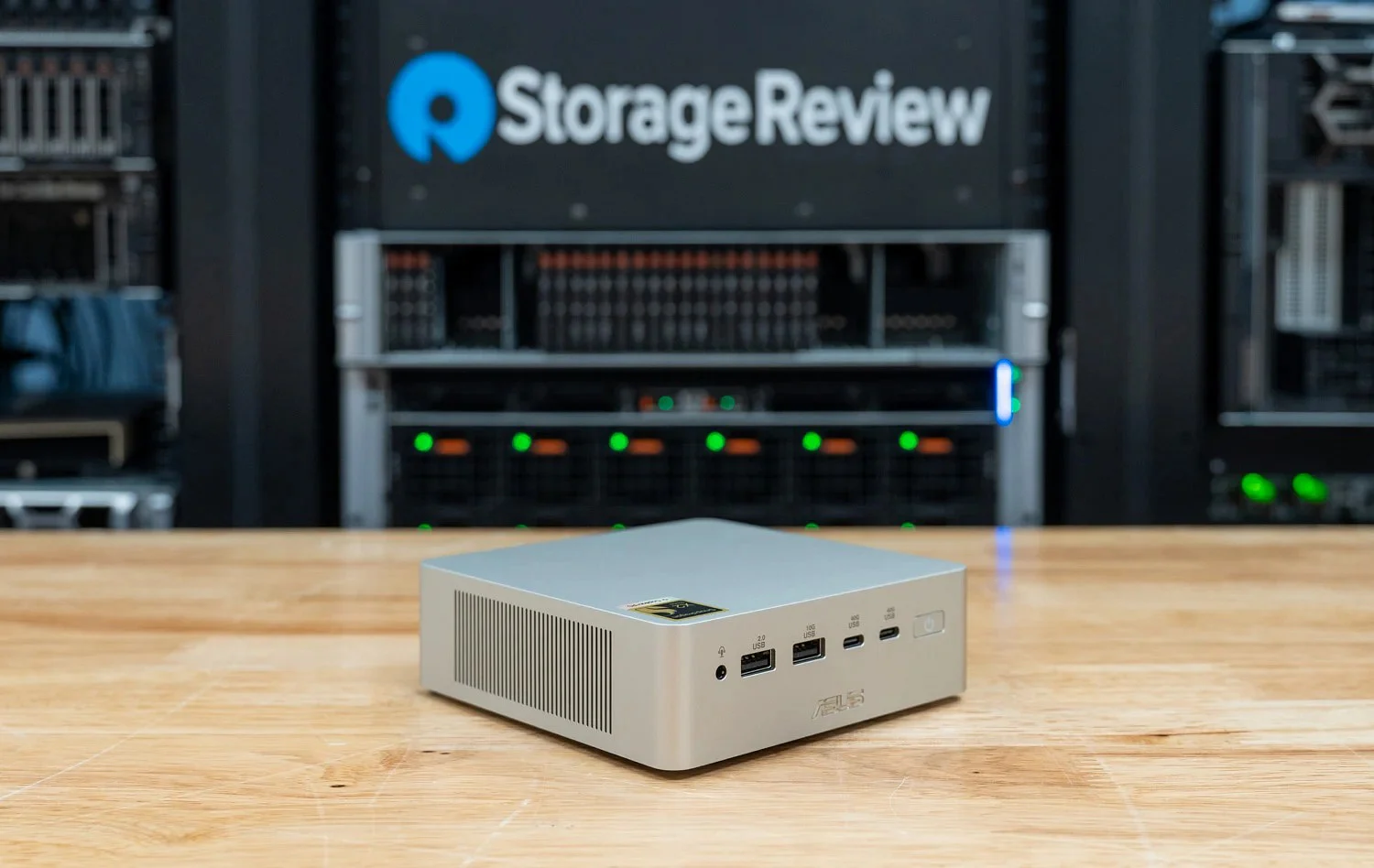 华硕 Ascent QN10 Snapdragon X2 Elite mini PC, the best CPU throughput mini PC of 2026, on the StorageReview lab bench