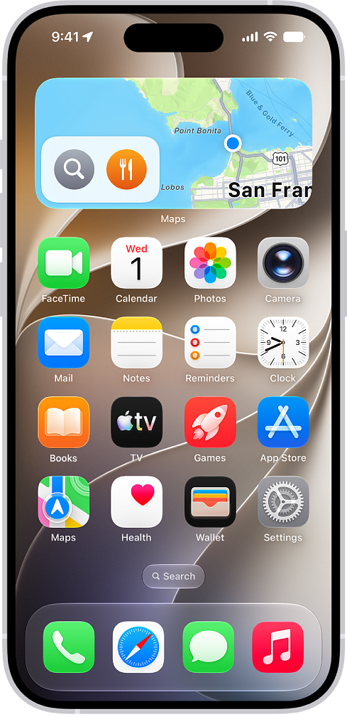 iPhone 主屏幕上的“地图”小组件、其他小组件和 App 图标。