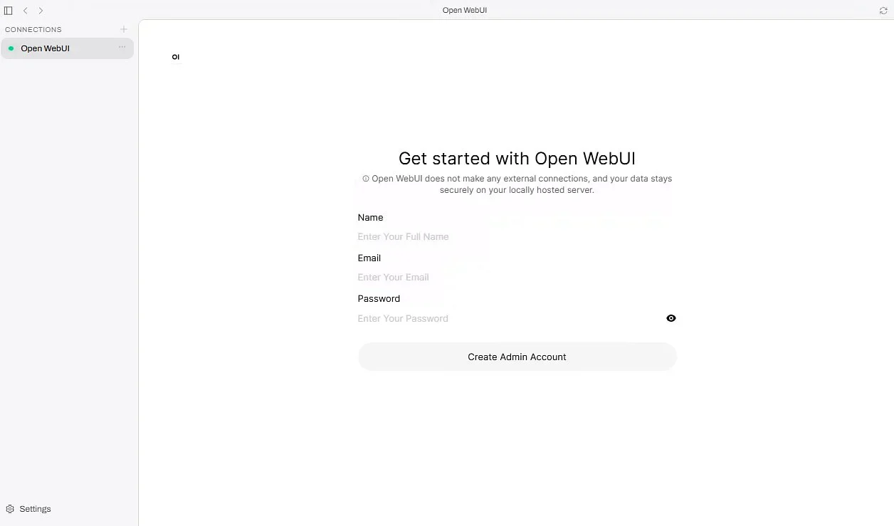 Open WebUI Desktop Get started screen asking for a name, email, and password to create the first local admin account