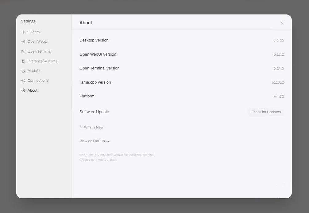 Open WebUI Desktop About page showing Desktop version 0.0.20, Open WebUI version 0.12.2, Open Terminal version 0.14.0, llama.cpp build b11612, and win32 platform