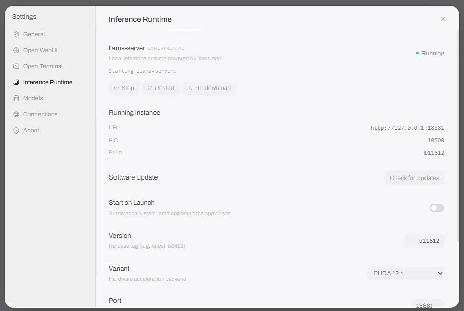 Open WebUI Desktop Inference Runtime page showing llama-server running build b11612 with the CUDA 12.4 variant on port 18881