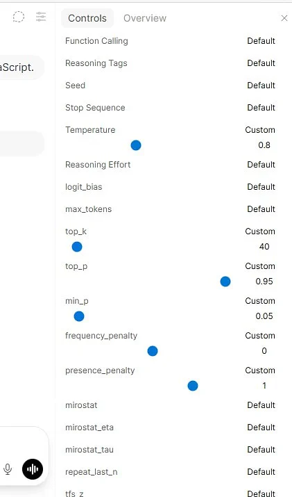 We matched the Jan sampling values in Open WebUI before each measured text run.