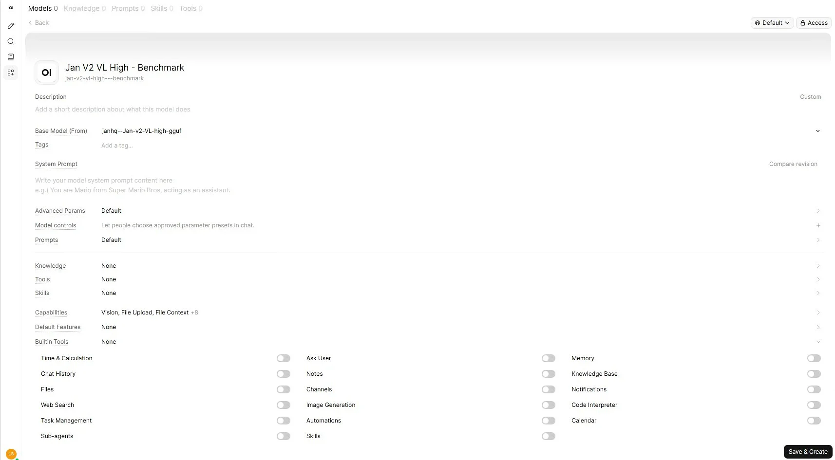 A dedicated Workspace preset let us disable built-in tools while keeping the underlying GGUF unchanged.