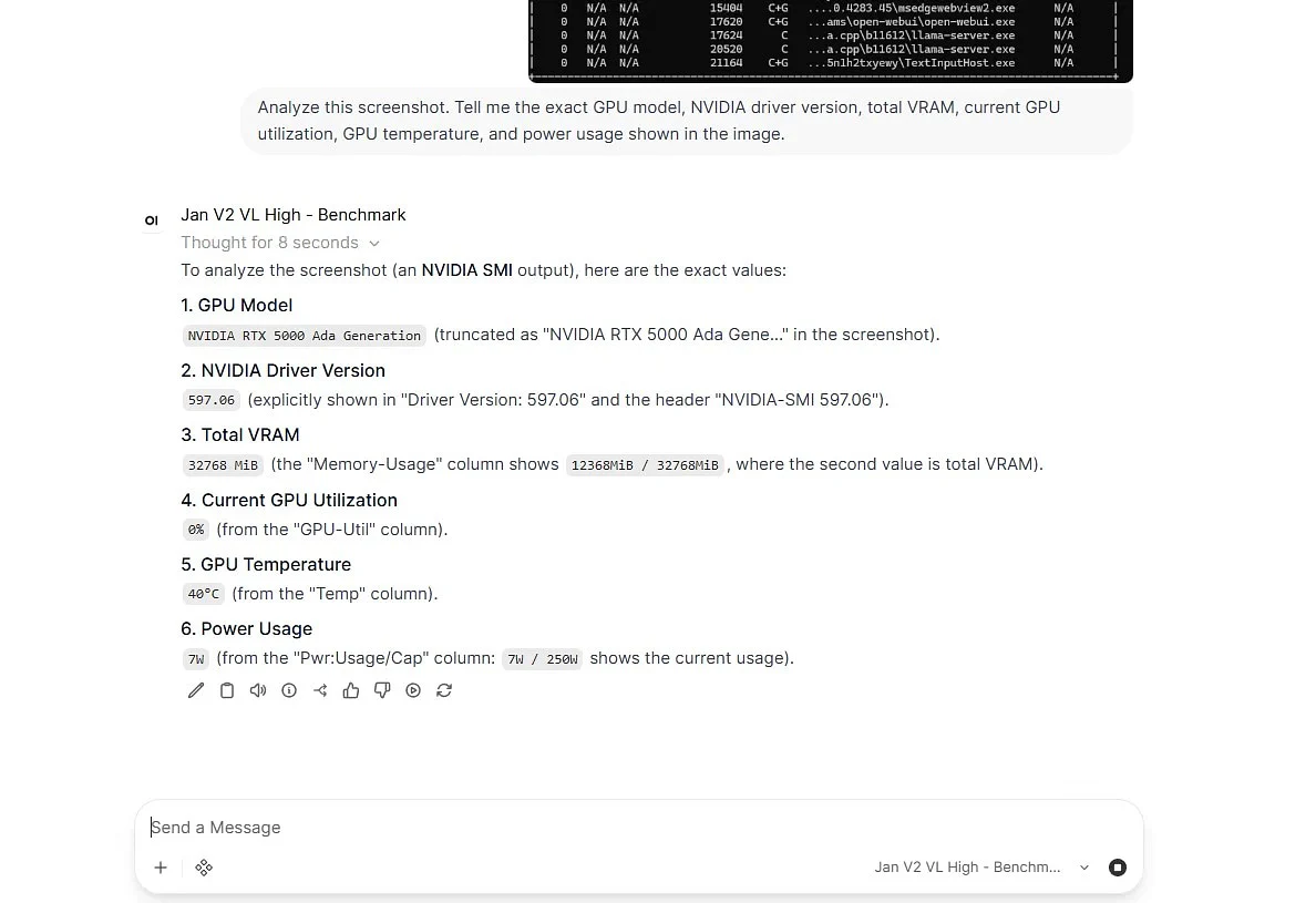Jan V2 VL High correctly identified the requested GPU, driver, VRAM, utilization, temperature, and power values from the nvidia-smi screenshot.