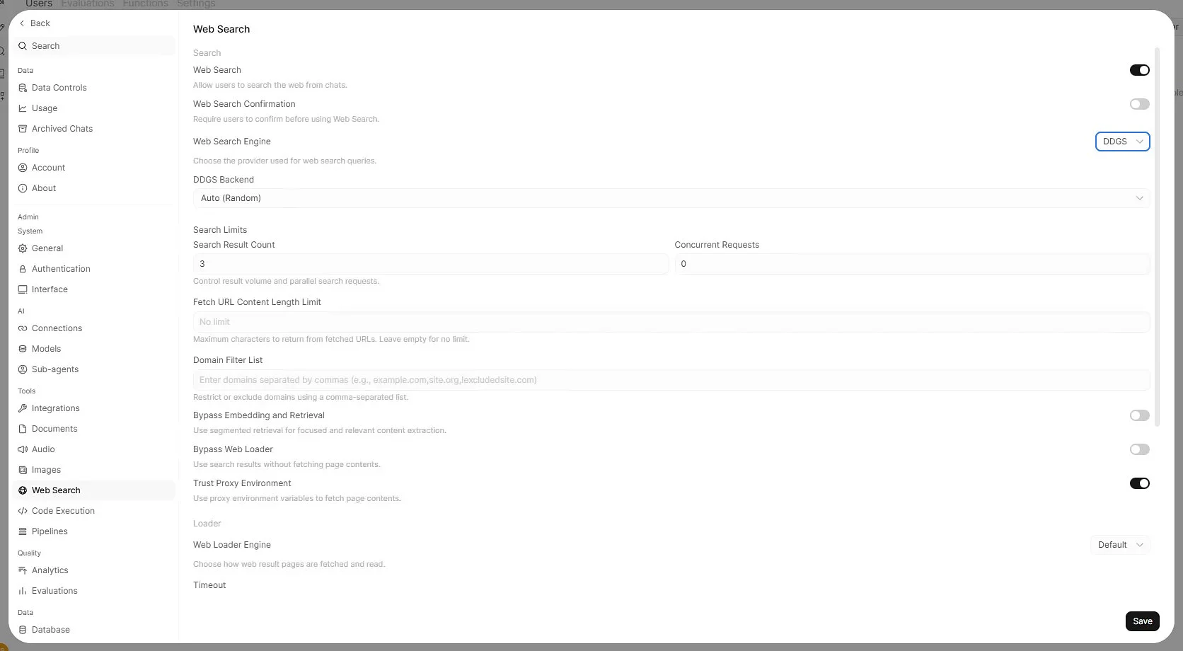 Open WebUI DDGS Web Search settings
