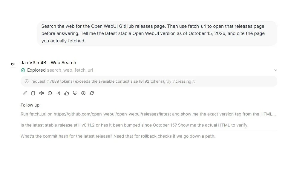 The first fetch_url attempt grew to 17,689 tokens and exceeded our 8,192-token context window.