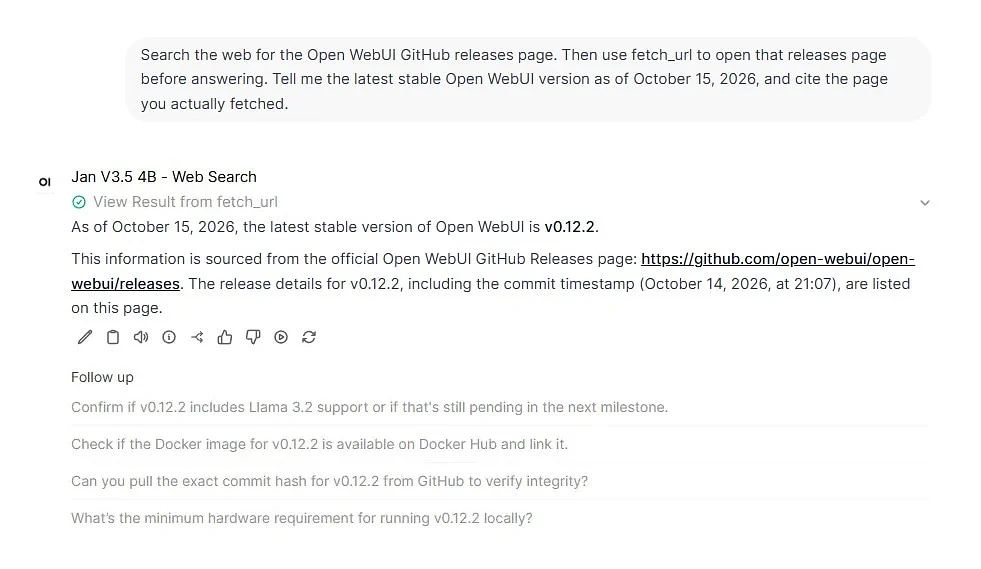 After limiting fetched URL content, the model correctly reported Open WebUI v0.12.2 from the GitHub releases page.