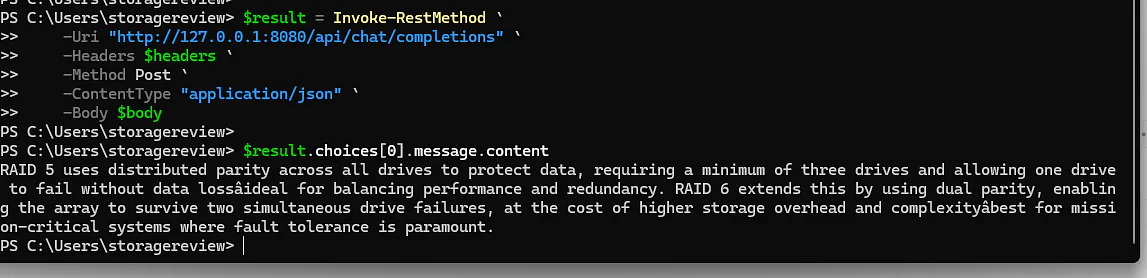 The authenticated local API returned a successful chat completion through the Jan V3.5 4B benchmark preset.