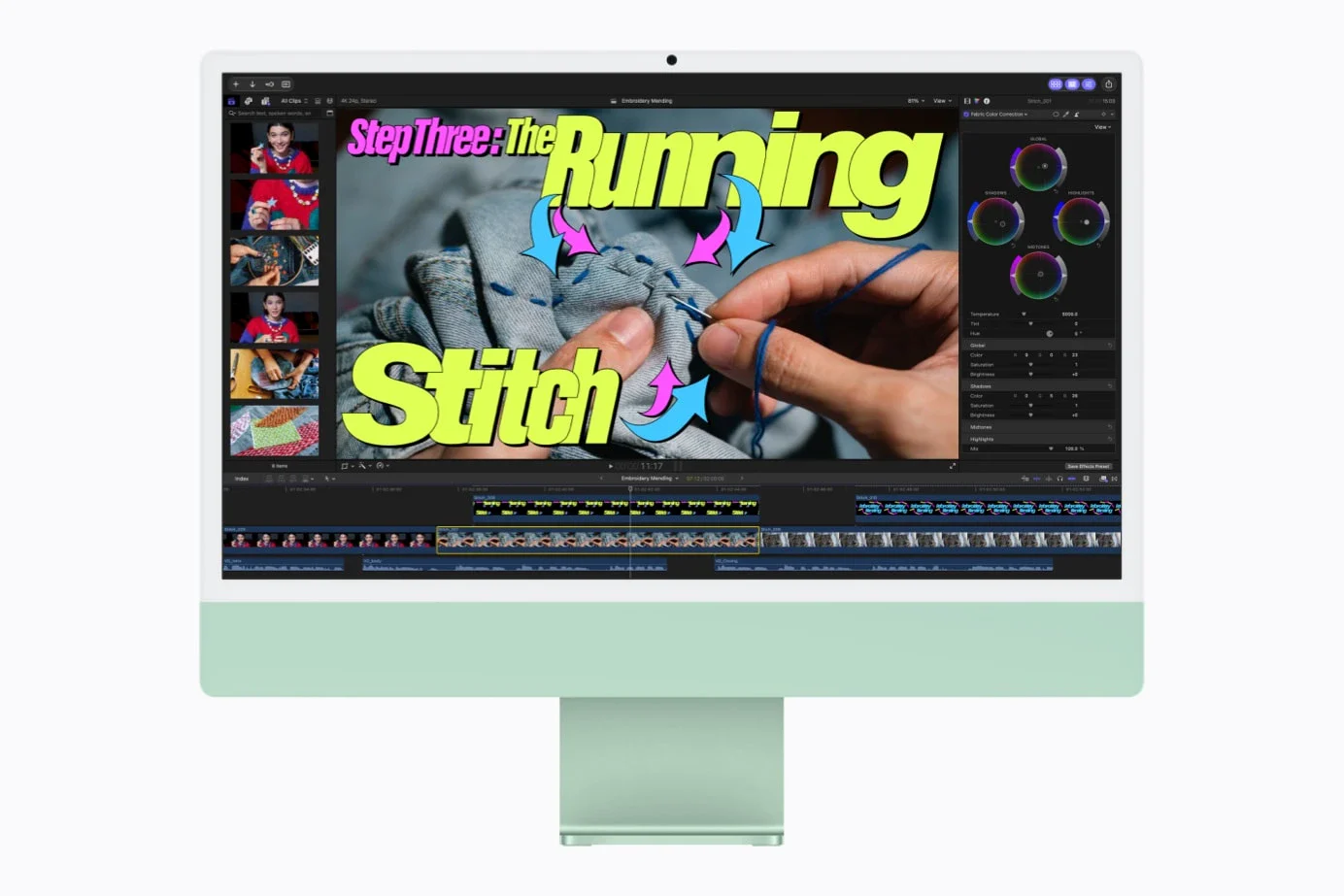 iMac 运行视频剪辑软件,Apple 官方演示图。