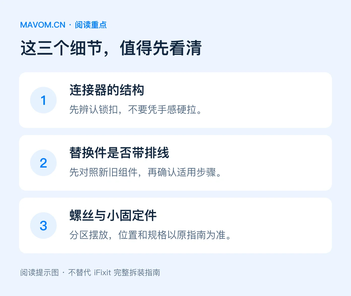 触控板更换阅读提示：辨认连接器锁扣、核对替换件排线、分区保存螺丝与小固定件