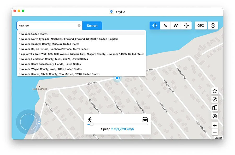 官方 Mac 搜索界面原图：输入地点后点击 Search，选择匹配的结果。