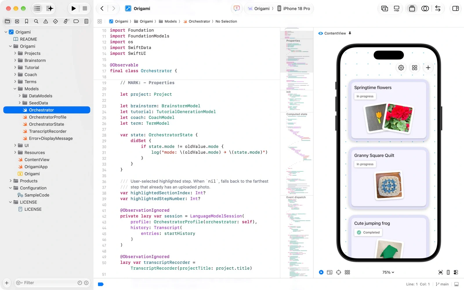Xcode 开发界面:编写代码、构建项目并查看调试信息。