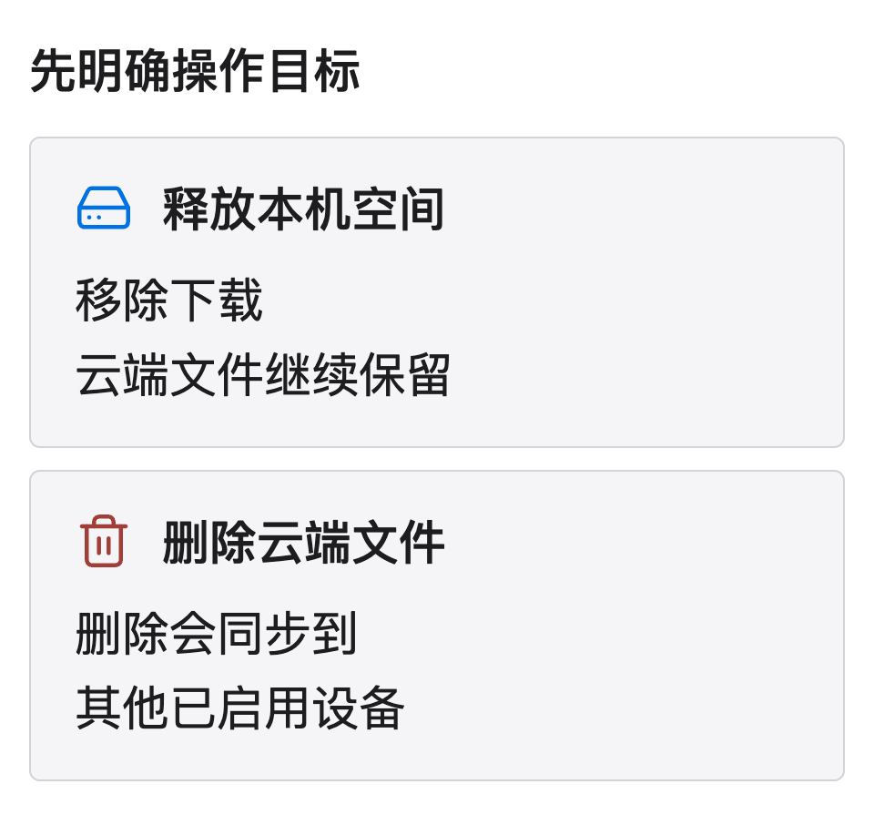 两种不同目标：移除下载只释放本机已下载副本，删除文件会从 iCloud Drive 同步移除，不能当成同一操作
