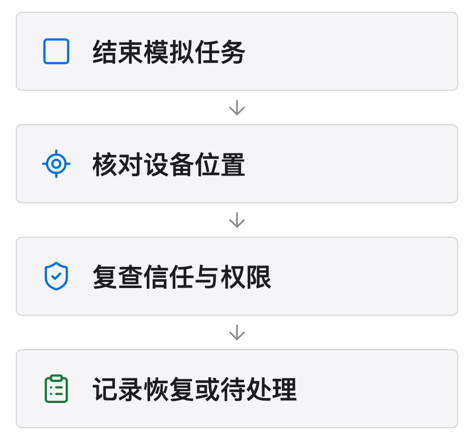 结束模拟后，检查设备位置表现和连接信任权限，最后记录已恢复或仍待处理，不以退出程序代替恢复确认