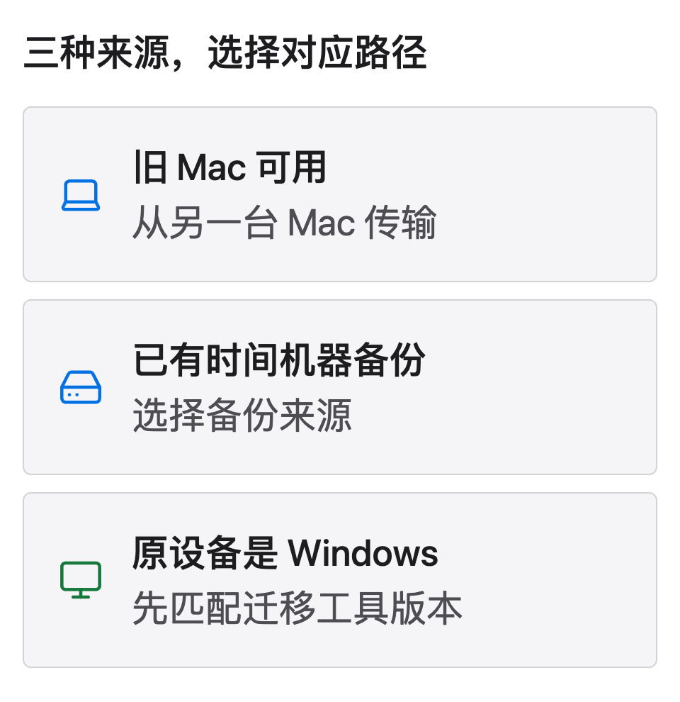 旧 Mac、时间机器备份和 Windows PC 是三种不同迁移来源,应选择各自对应的迁移路径