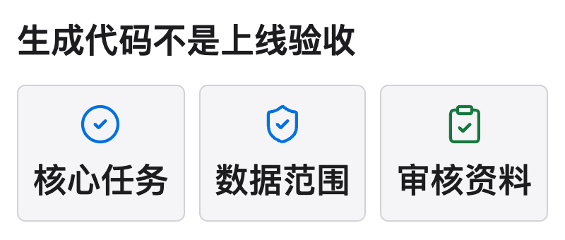 AI 应用发布前分别核对核心任务是否可用、数据处理范围是否明确和审核资料是否完整，生成代码不等于完成上线验收