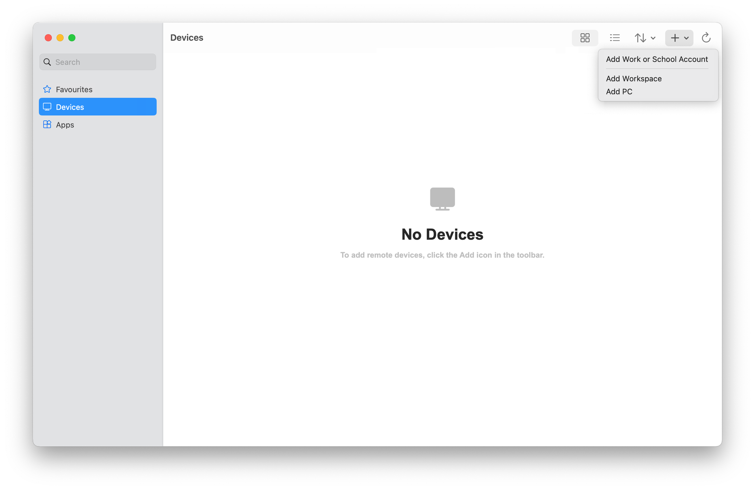 Microsoft Windows App 官方 macOS Devices 页面原图,添加菜单区分工作或学校账户、工作区与远程 PC