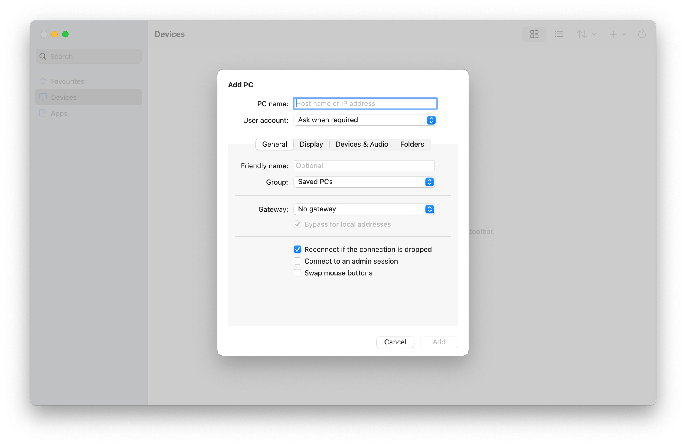 Microsoft Windows App 官方 macOS Add PC 对话框原图,显示电脑地址、账户和设备音频等连接选项