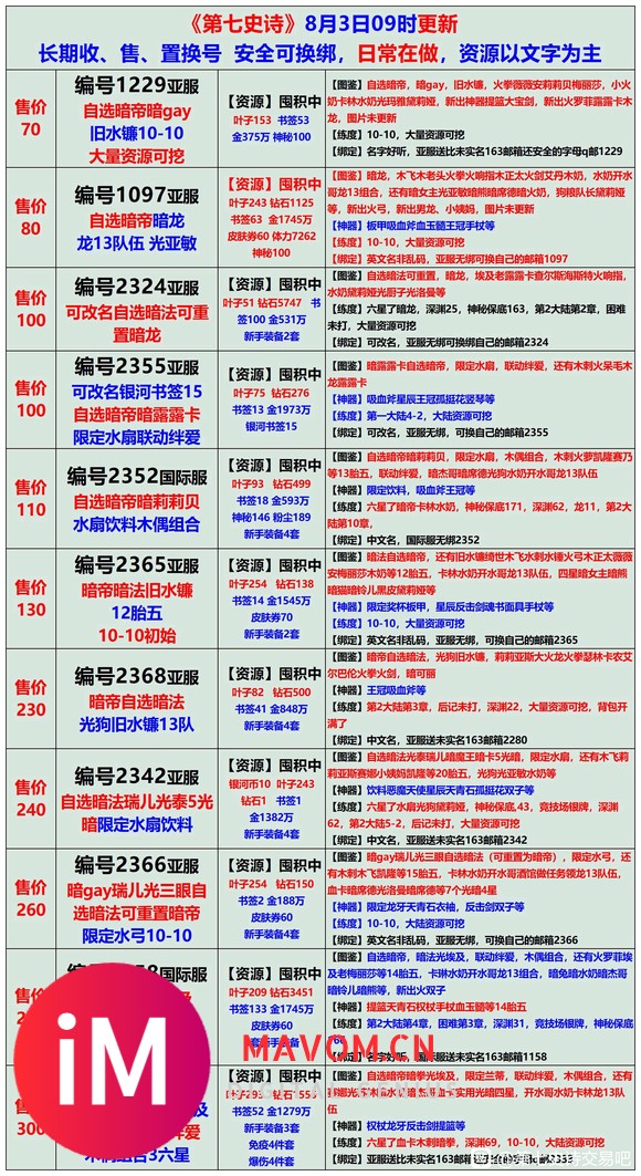 亲,8月3日长图号单,长期收售置换号,账号安全无勇士可预定;-1.jpg