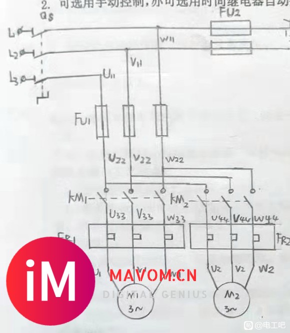 求电路图:两台电机M1、M2、要求M1先启动M2才能启动,启-1.jpg