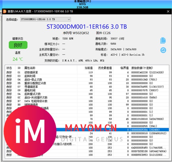 ST3000 DM001 固件CC26 目前30837小时 放在机箱内当仓库 购买于2-1.jpg